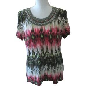 Alfred Dunner Women's Petite Multi Color Short Sleeve Beaded Neck Shirt Size PS